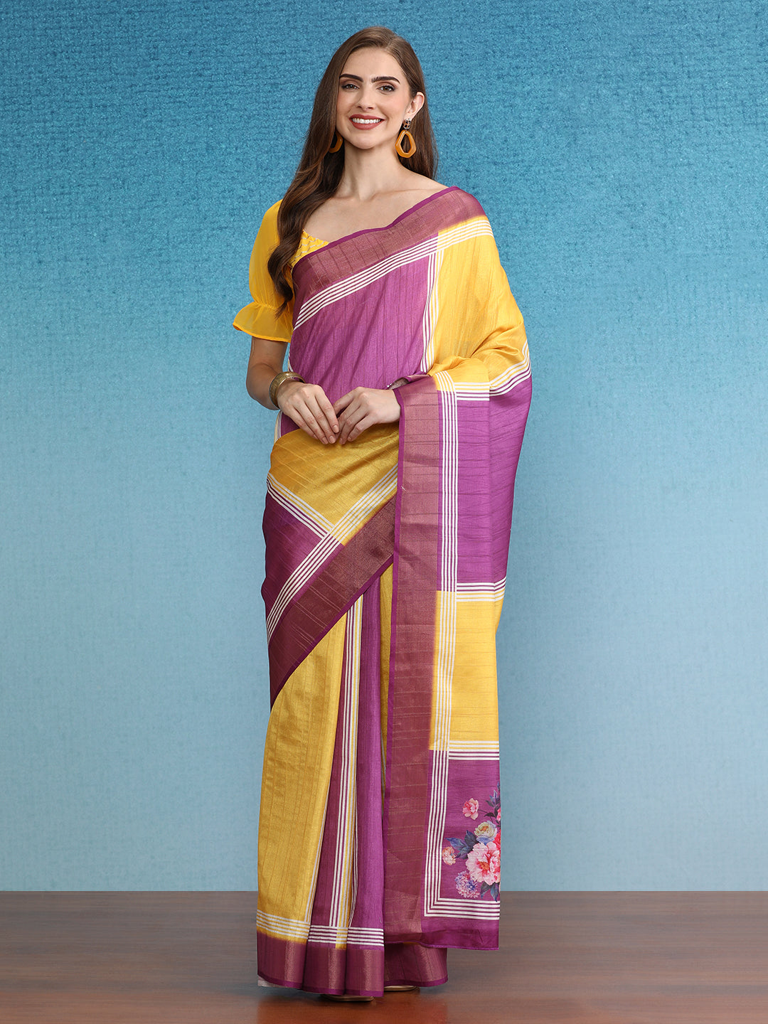 Color Blocked Zari Border Printed Silk Saree