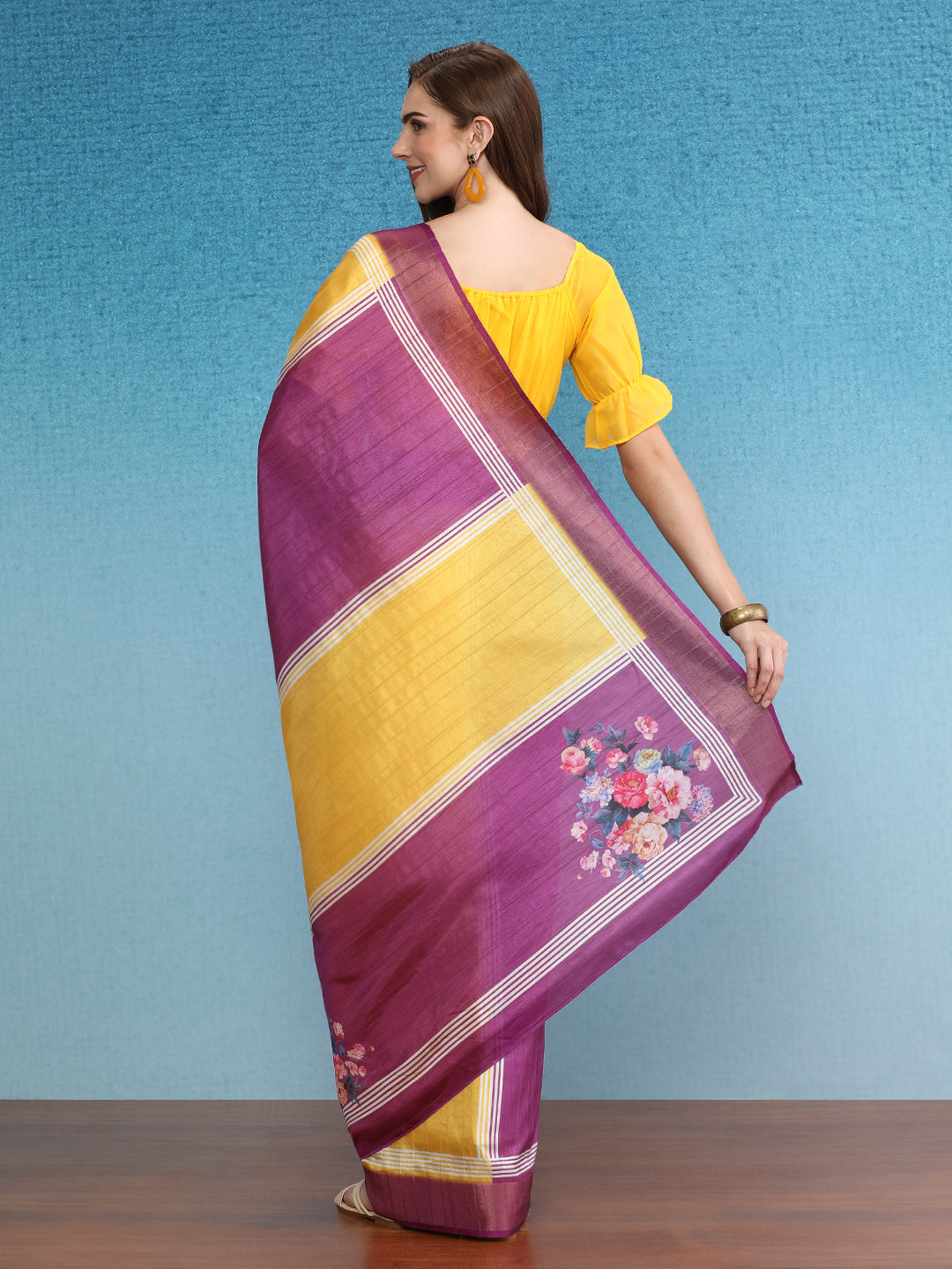 Color Blocked Zari Border Printed Silk Saree