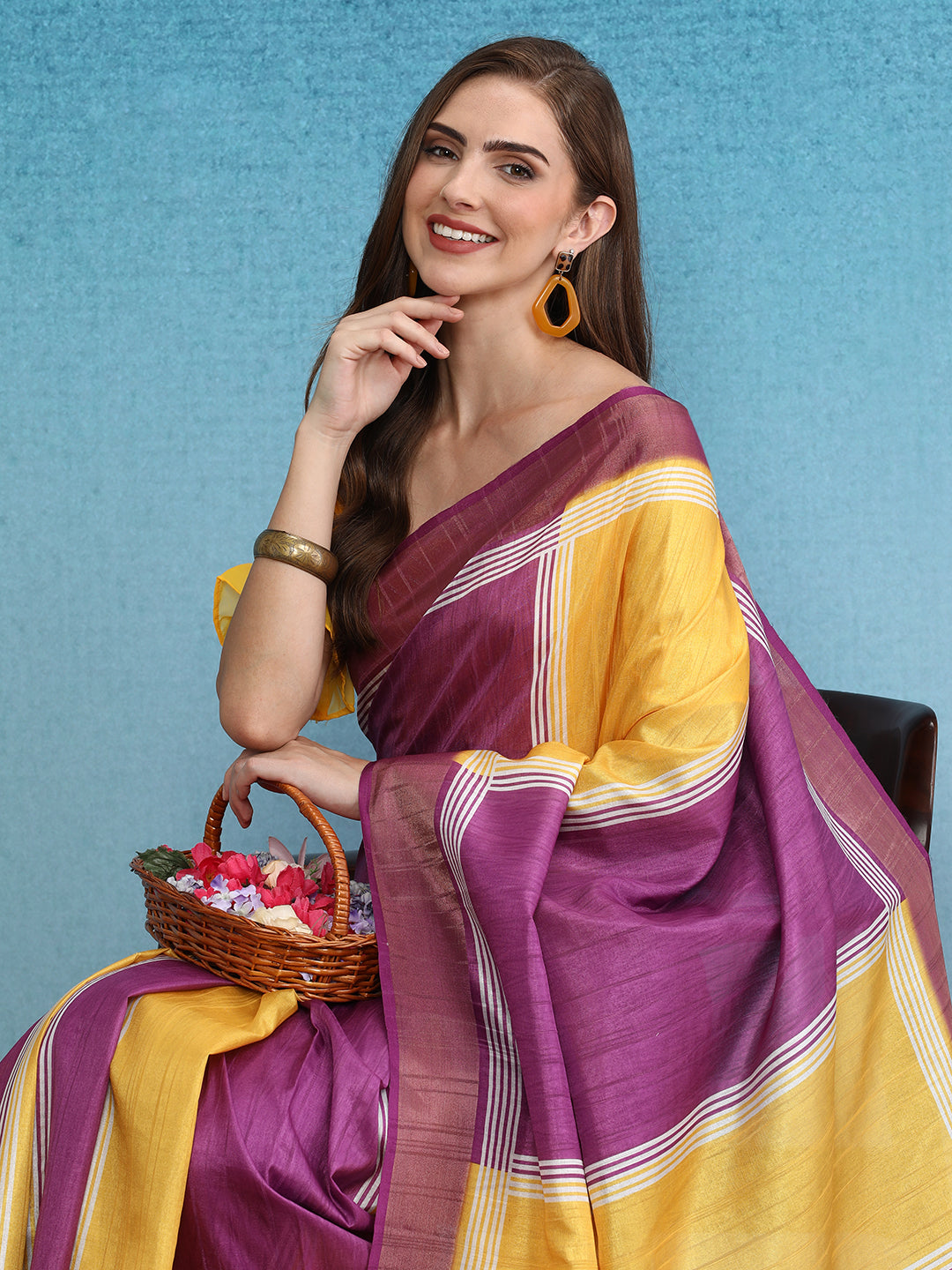 Color Blocked Zari Border Printed Silk Saree