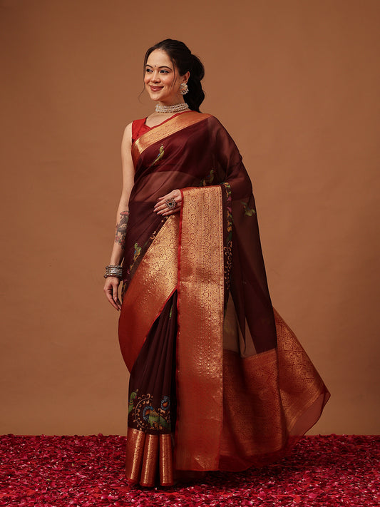 Kalamkari Digital Printed Georgette Saree With Rich Pallu