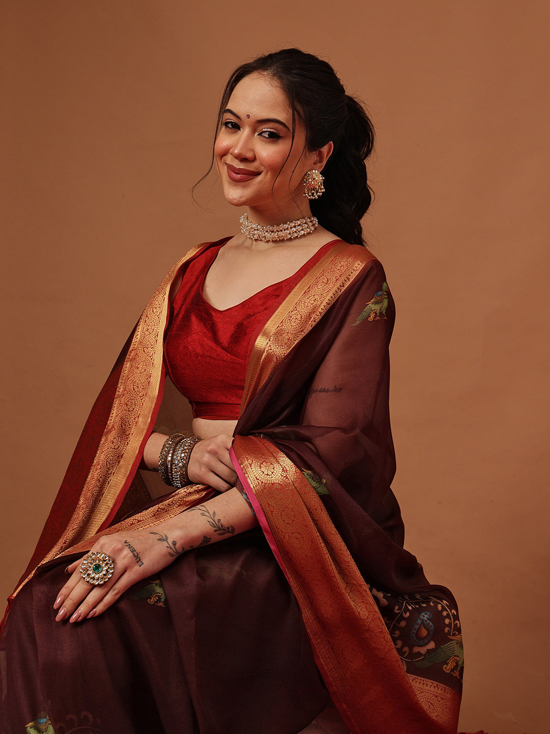 Kalamkari Digital Printed Georgette Saree With Rich Pallu