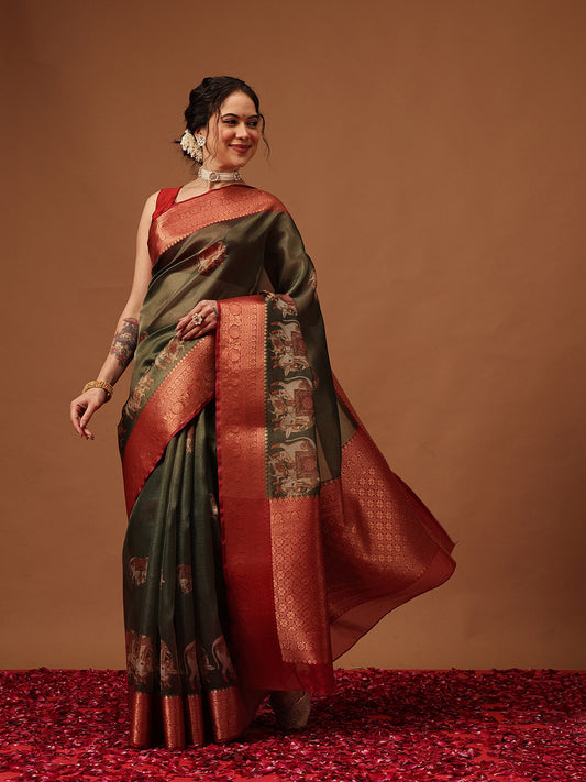 Banarasi Soft Crush Tissue Zari Digital Printed Pichwai Saree With Rich Pallu