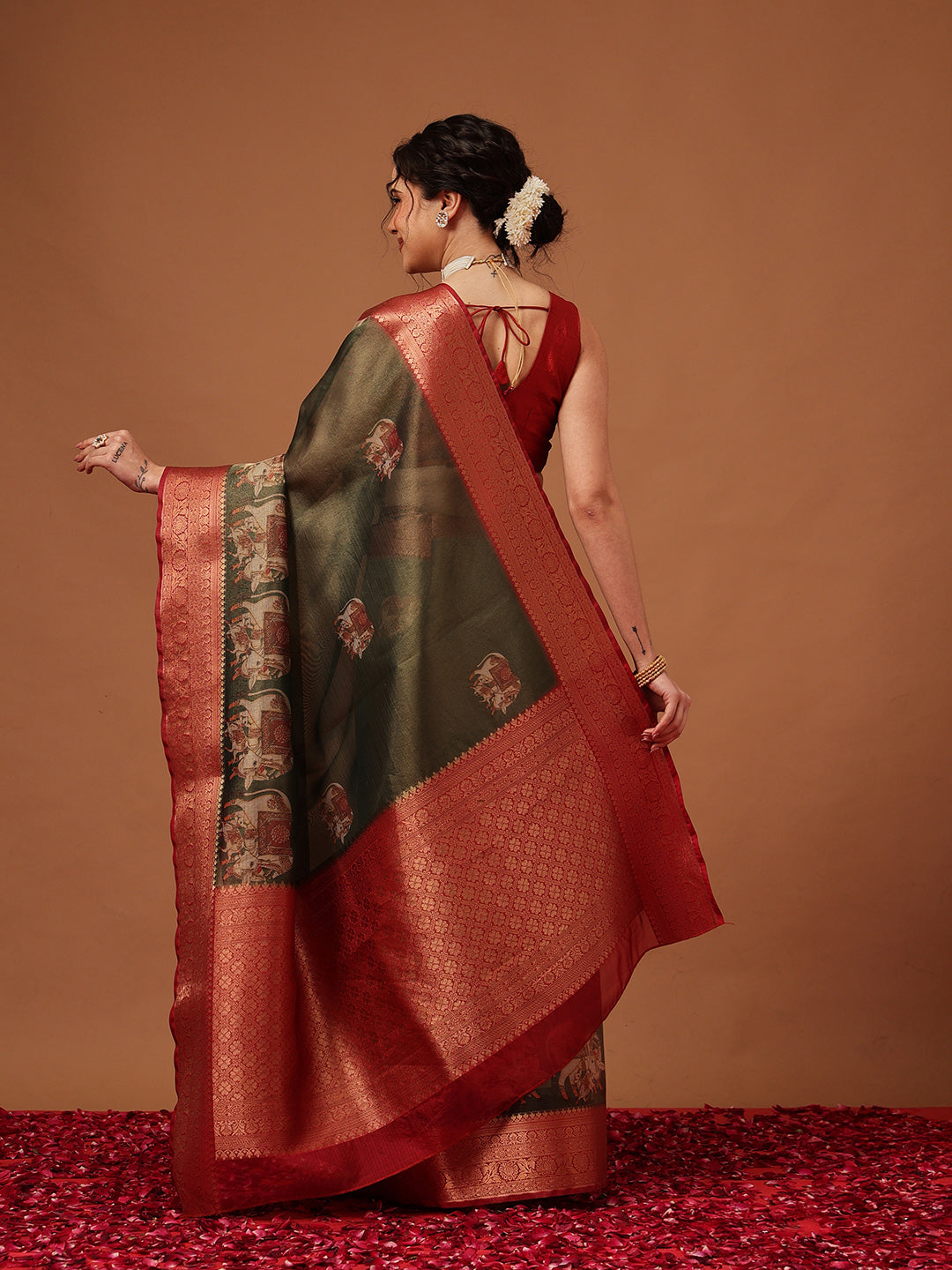 Banarasi Soft Crush Tissue Zari Digital Printed Pichwai Saree With Rich Pallu