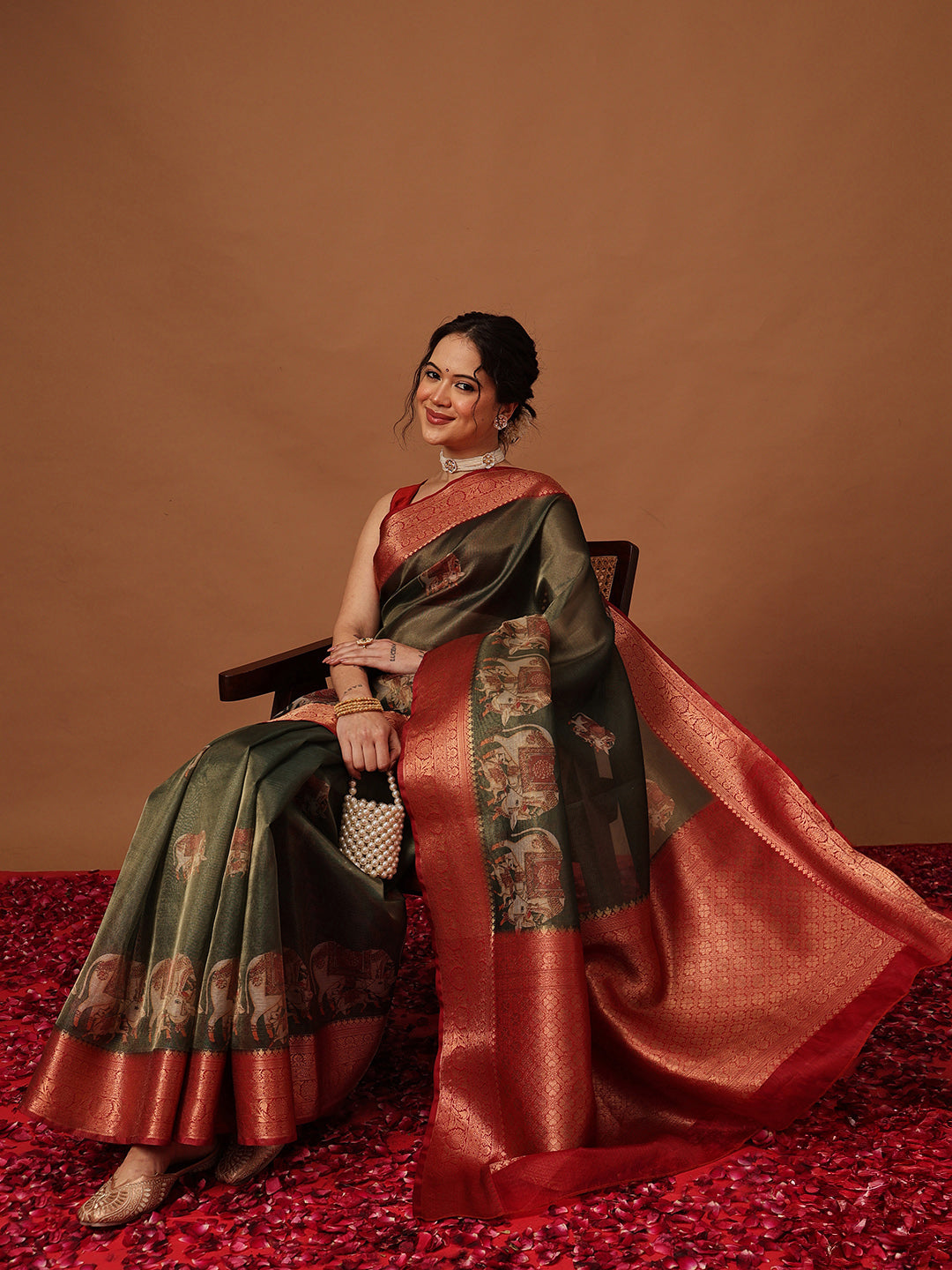 Banarasi Soft Crush Tissue Zari Digital Printed Pichwai Saree With Rich Pallu