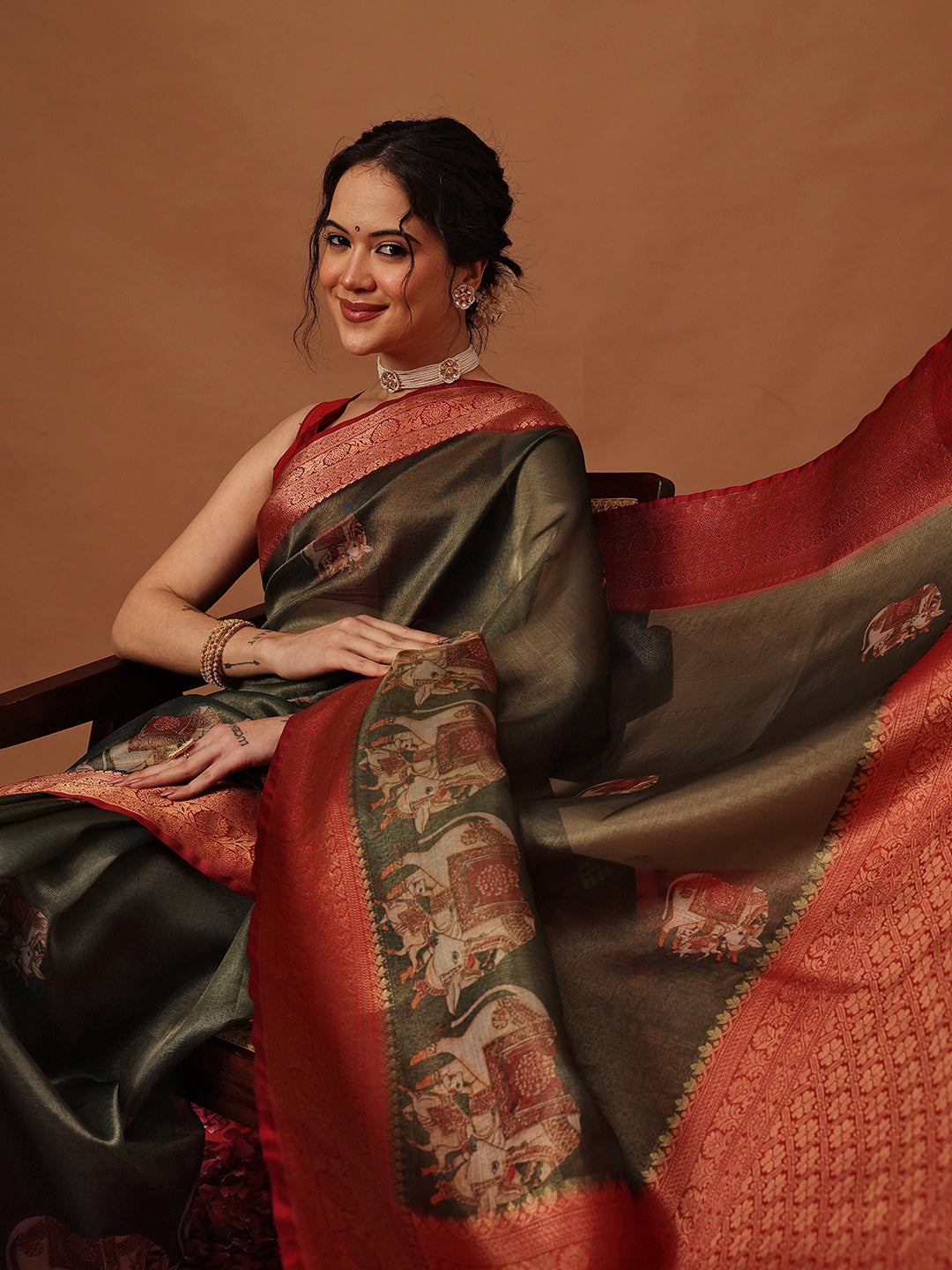 Banarasi Soft Crush Tissue Zari Digital Printed Pichwai Saree With Rich Pallu