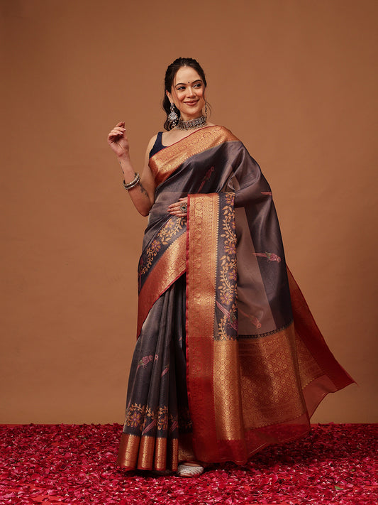 Banarasi Soft Crush Tissue Zari Digital Printed Pichwai Saree With Rich Pallu