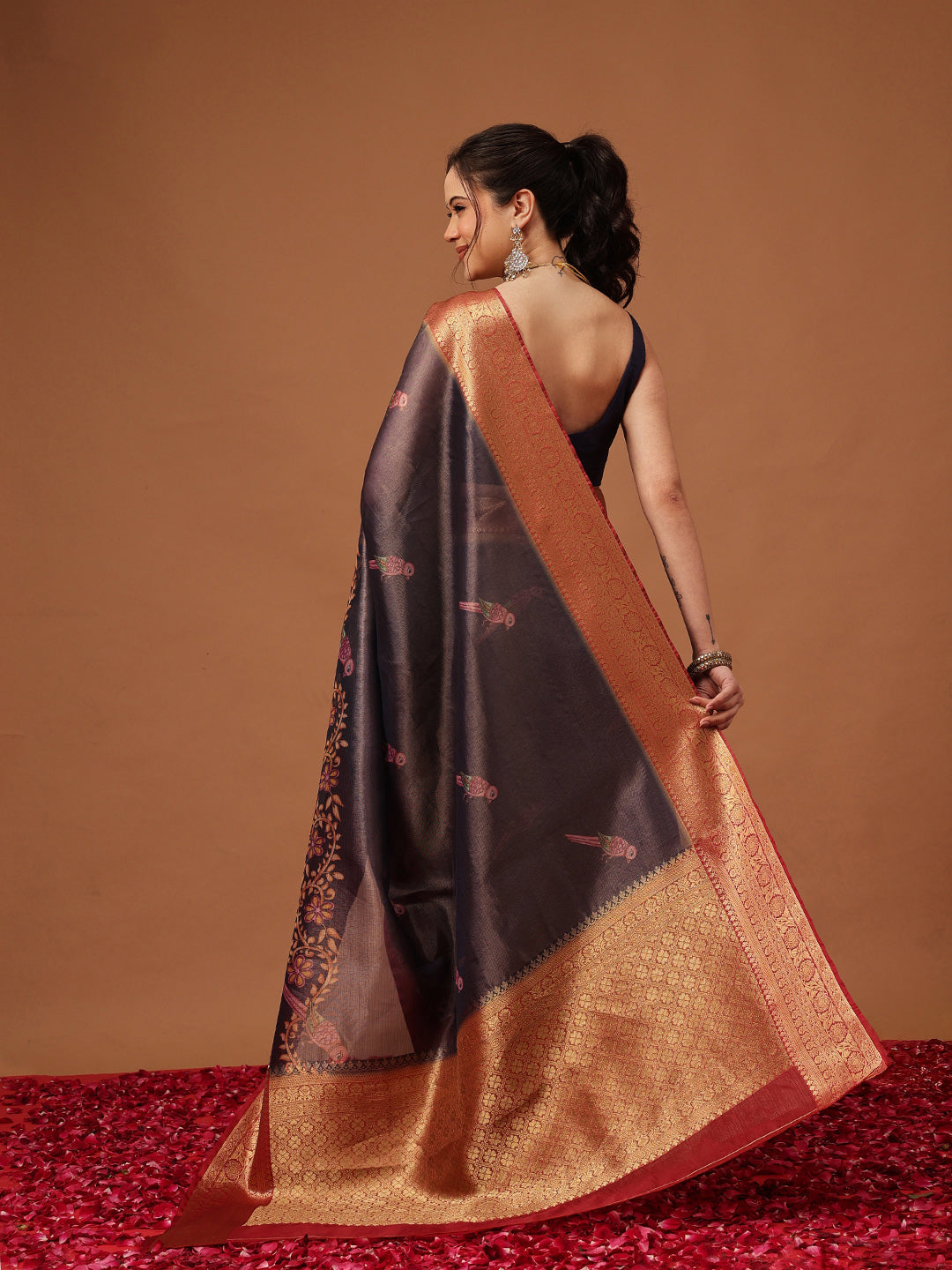 Banarasi Soft Crush Tissue Zari Digital Printed Pichwai Saree With Rich Pallu