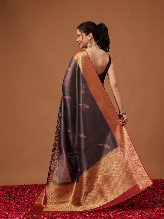 Banarasi Soft Crush Tissue Zari Digital Printed Pichwai Saree With Rich Pallu