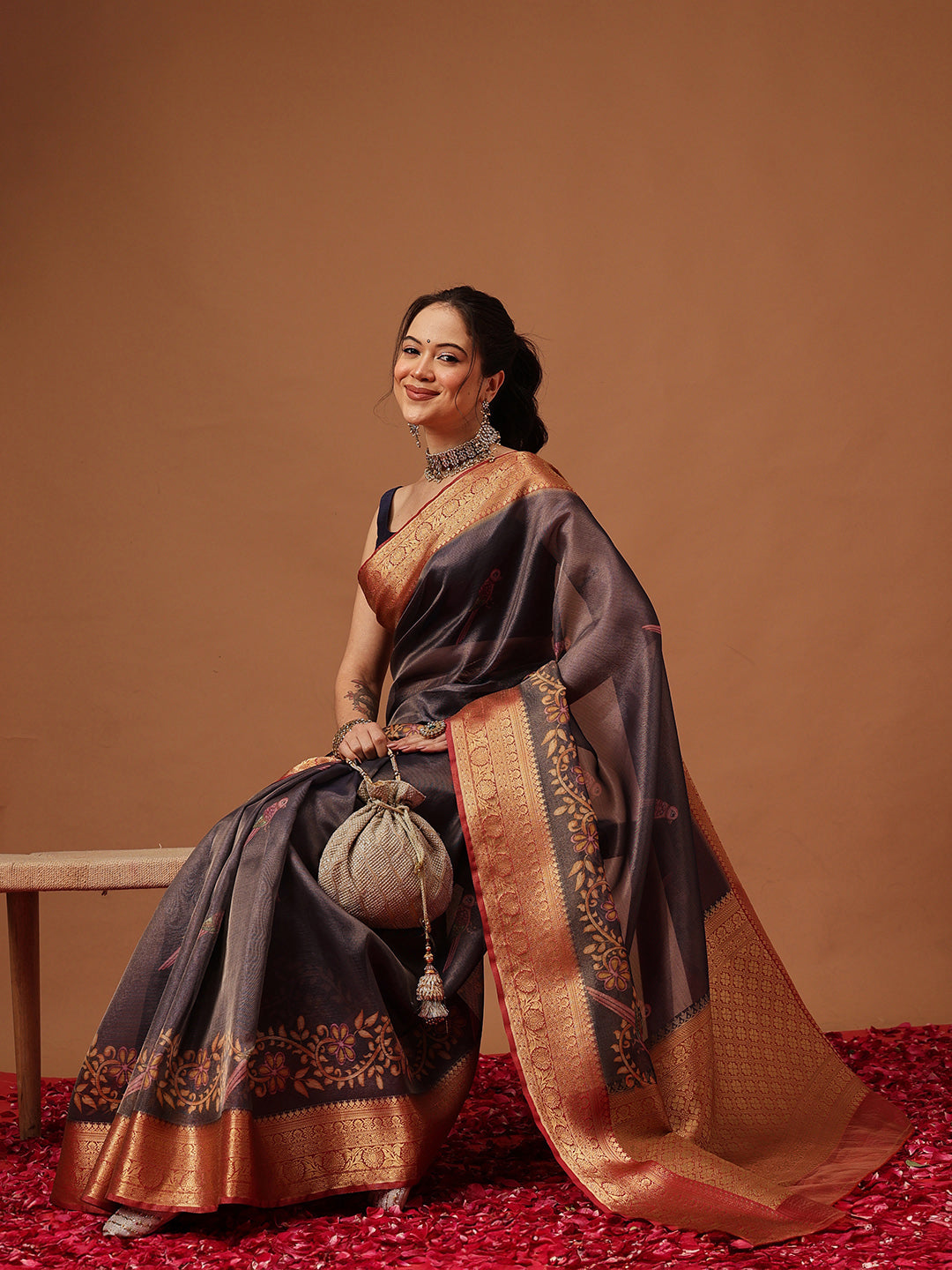 Banarasi Soft Crush Tissue Zari Digital Printed Pichwai Saree With Rich Pallu