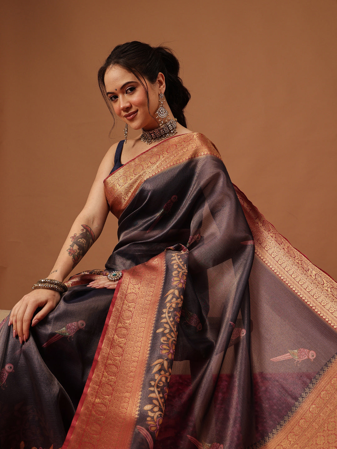 Banarasi Soft Crush Tissue Zari Digital Printed Pichwai Saree With Rich Pallu