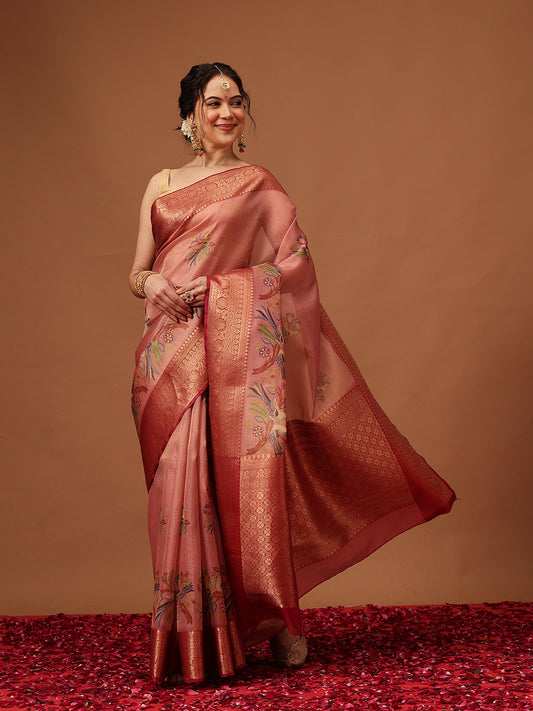 Banarasi Soft Crush Tissue Zari Digital Printed Pichwai Saree With Rich Pallu