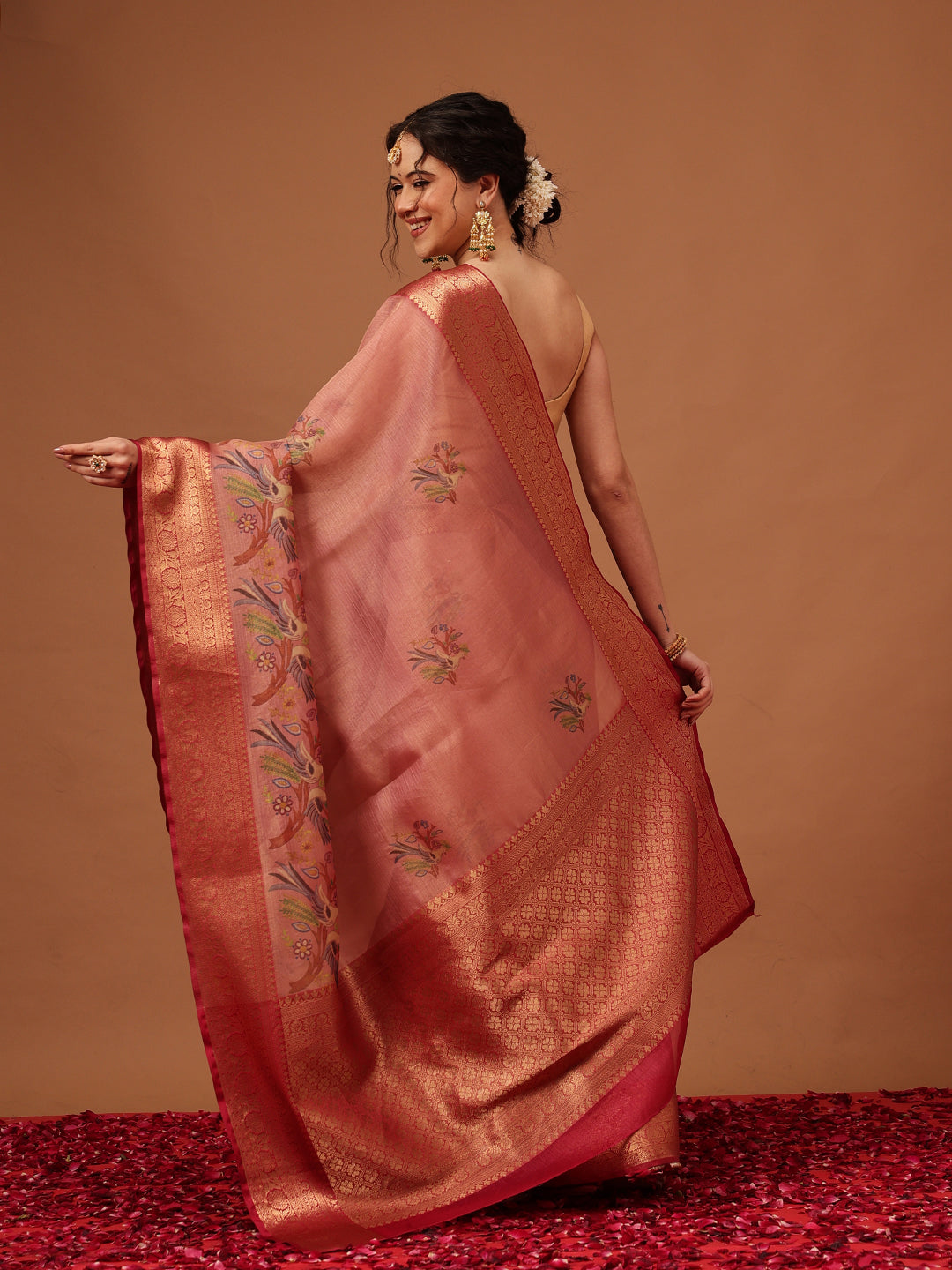 Banarasi Soft Crush Tissue Zari Digital Printed Pichwai Saree With Rich Pallu