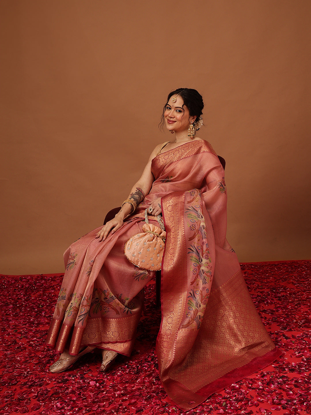 Banarasi Soft Crush Tissue Zari Digital Printed Pichwai Saree With Rich Pallu
