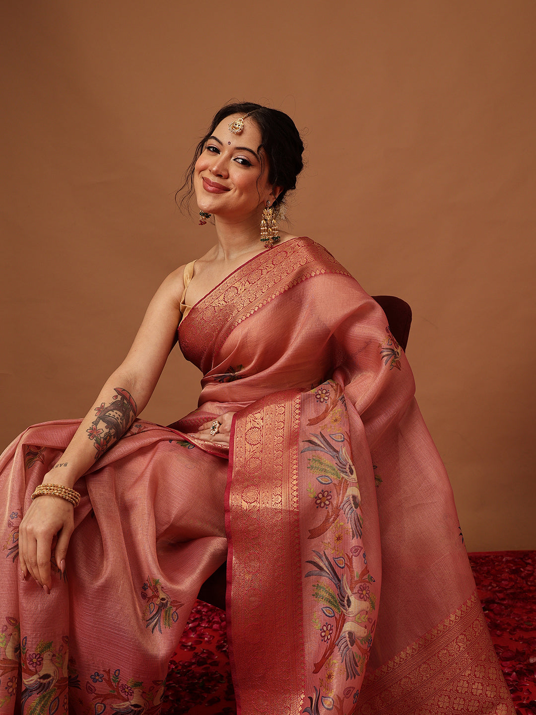 Banarasi Soft Crush Tissue Zari Digital Printed Pichwai Saree With Rich Pallu