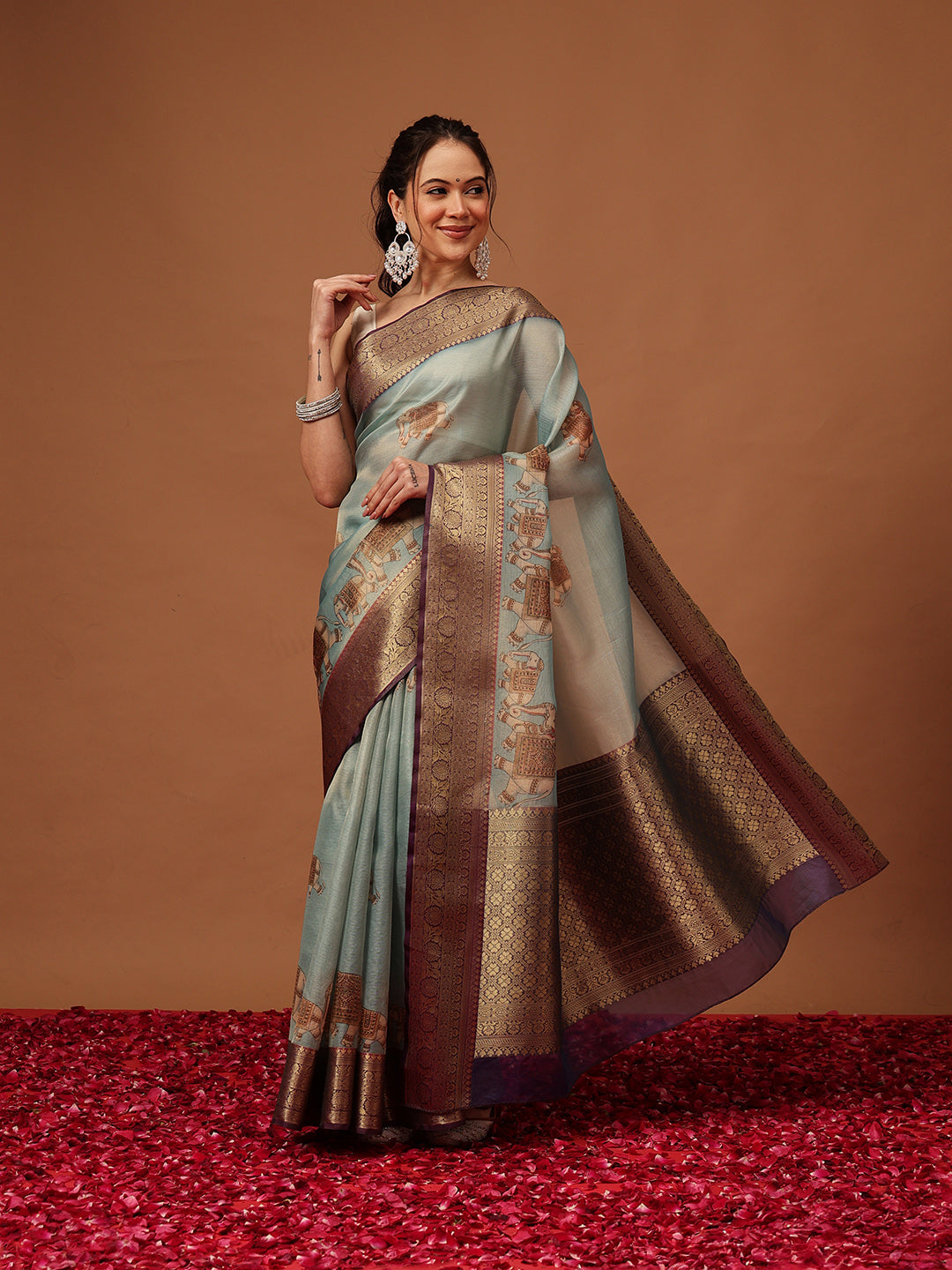 Banarasi Soft Crush Tissue Zari Digital Printed Pichwai Saree With Rich Pallu