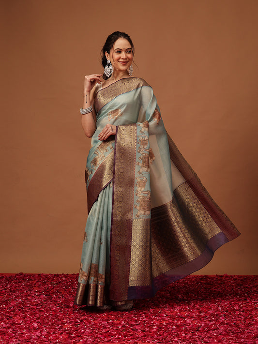 Banarasi Soft Crush Tissue Zari Digital Printed Pichwai Saree With Rich Pallu