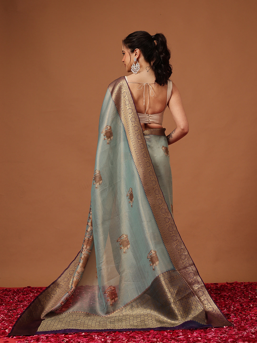 Banarasi Soft Crush Tissue Zari Digital Printed Pichwai Saree With Rich Pallu