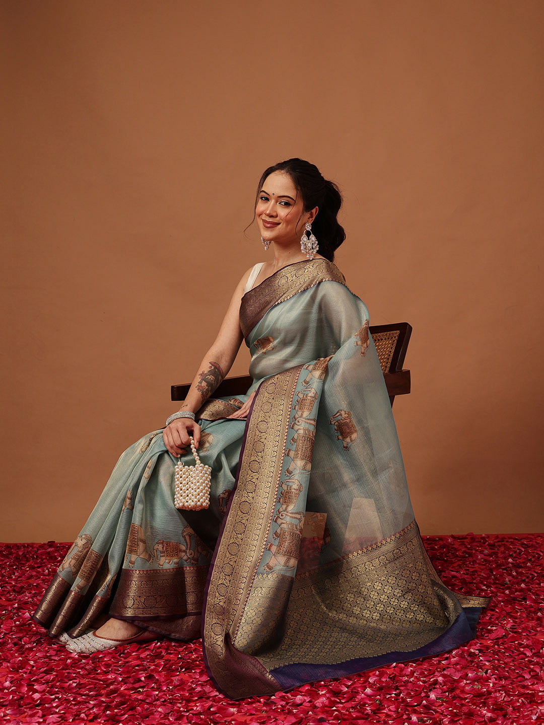 Banarasi Soft Crush Tissue Zari Digital Printed Pichwai Saree With Rich Pallu