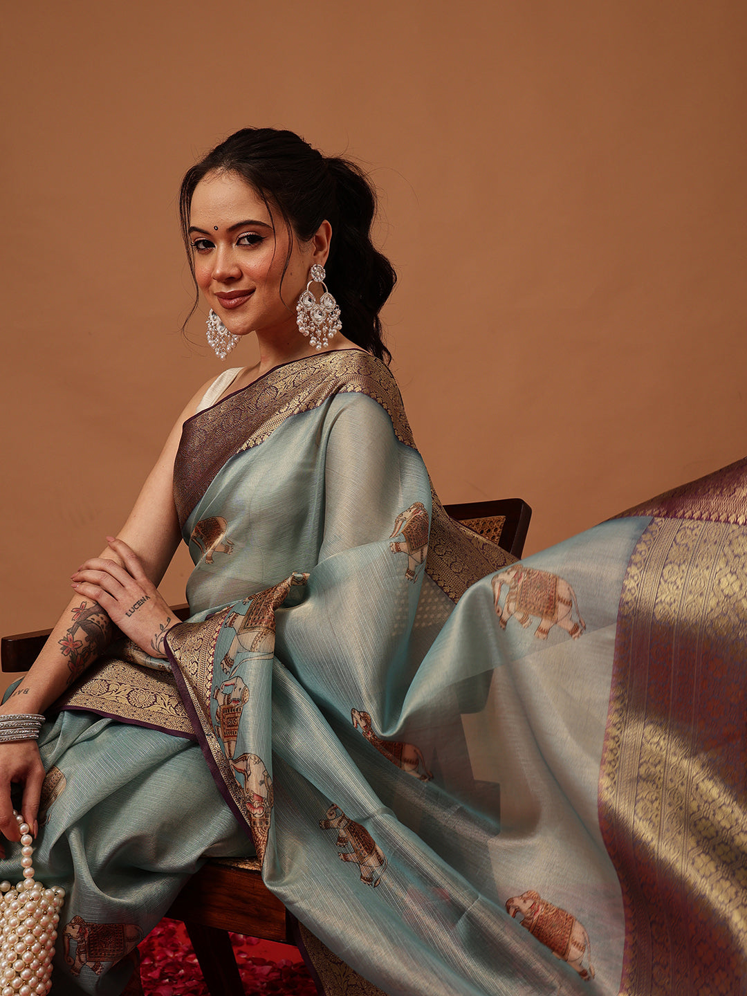 Banarasi Soft Crush Tissue Zari Digital Printed Pichwai Saree With Rich Pallu