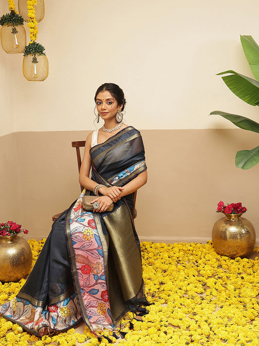 Women's Soft Muga Silk Solid Saree With Printed Border & Unstitched Blouse Piece