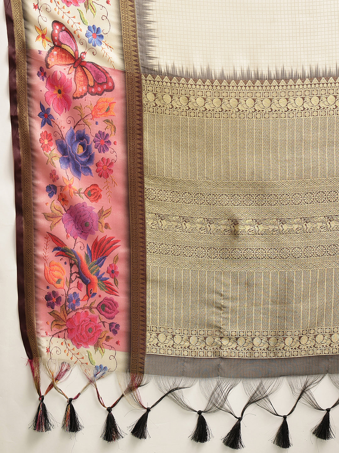 Women's Soft Muga Silk Solid Saree With Printed Border & Unstitched Blouse Piece