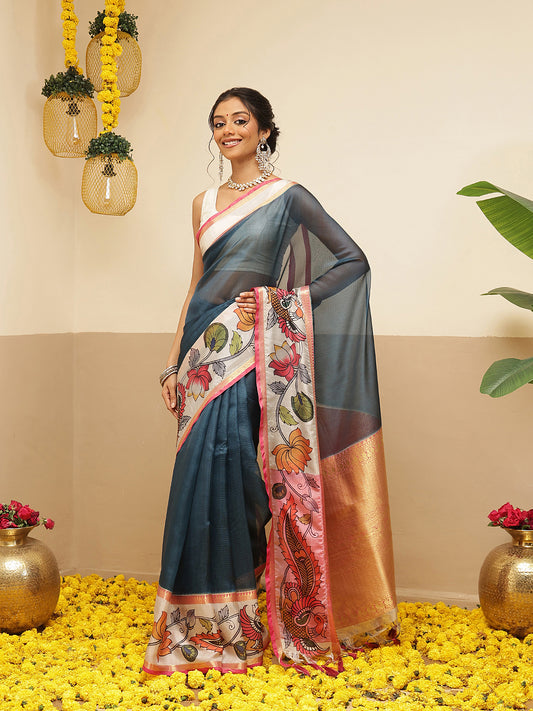 Women's Soft Muga Silk Solid Saree With Printed Border & Unstitched Blouse Piece