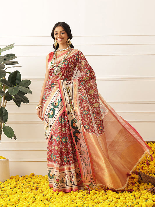 Women's Soft Muga Silk Solid Saree With Printed Border & Unstitched Blouse Piece