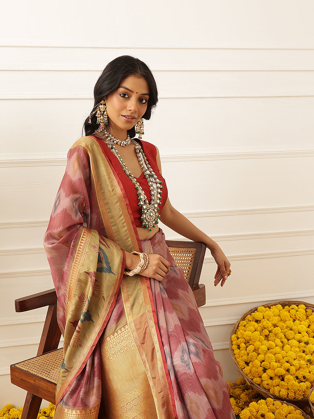 Women's Soft Muga Silk Solid Saree With Printed Border & Unstitched Blouse Piece