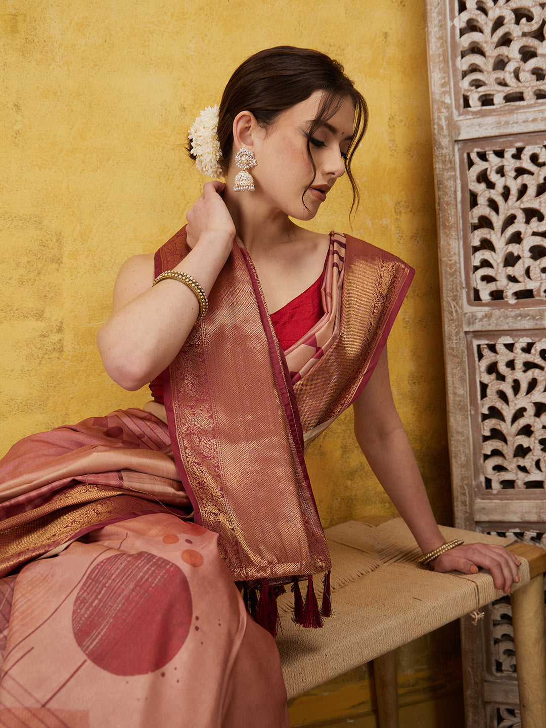 Tusser Soft Silk Digital Print Zari Woven Saree