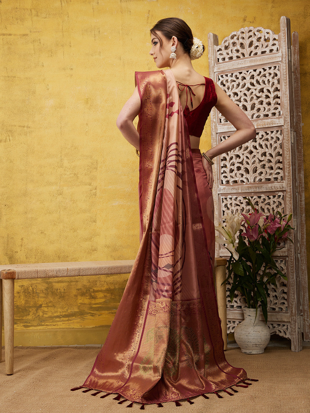 Tusser Soft Silk Digital Print Zari Woven Saree