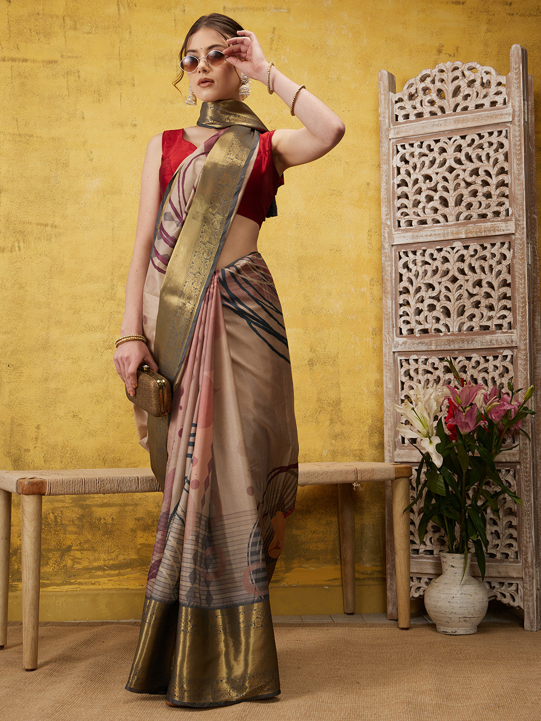 Tusser Soft Silk Digital Print Zari Woven Saree