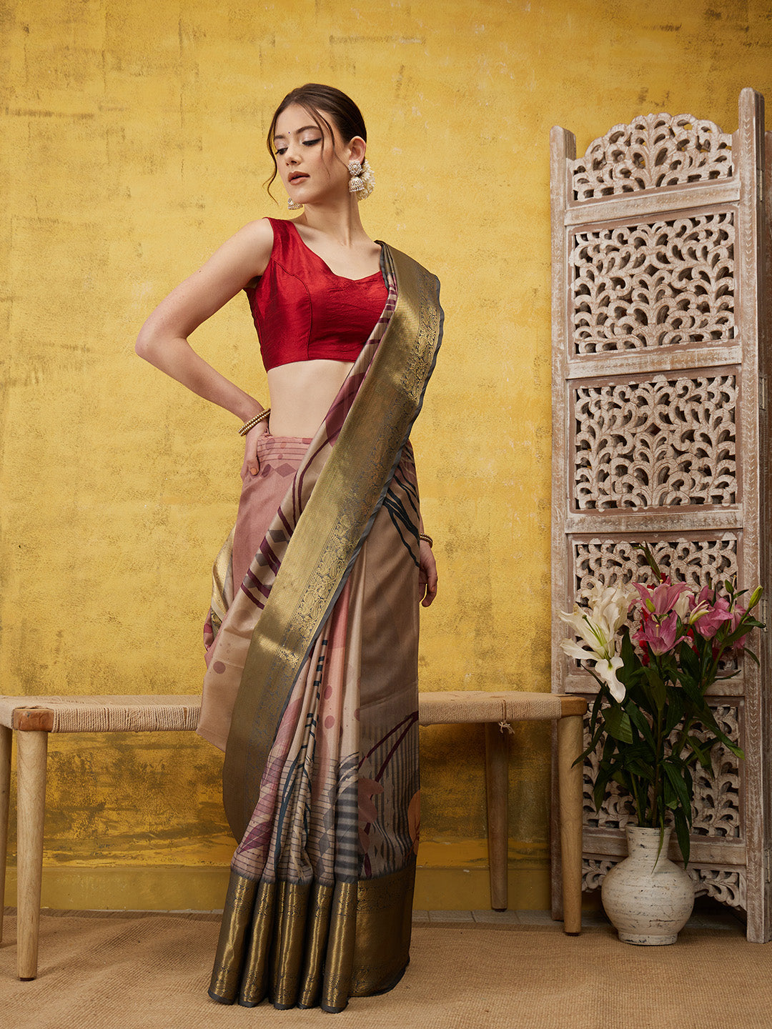 Tusser Soft Silk Digital Print Zari Woven Saree