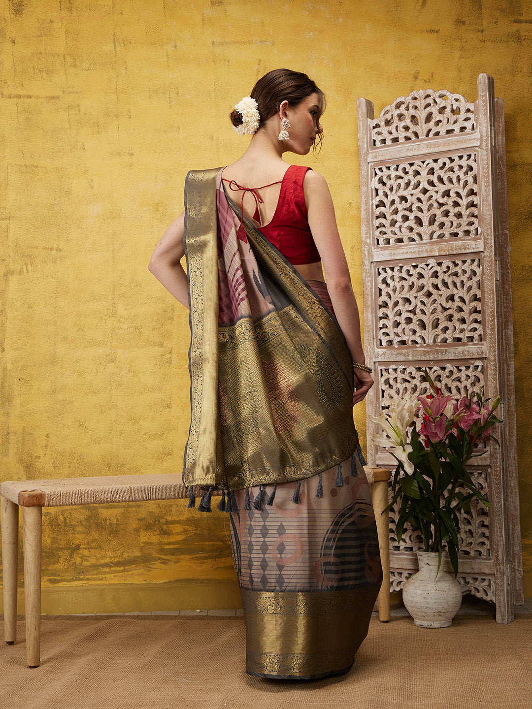 Tusser Soft Silk Digital Print Zari Woven Saree