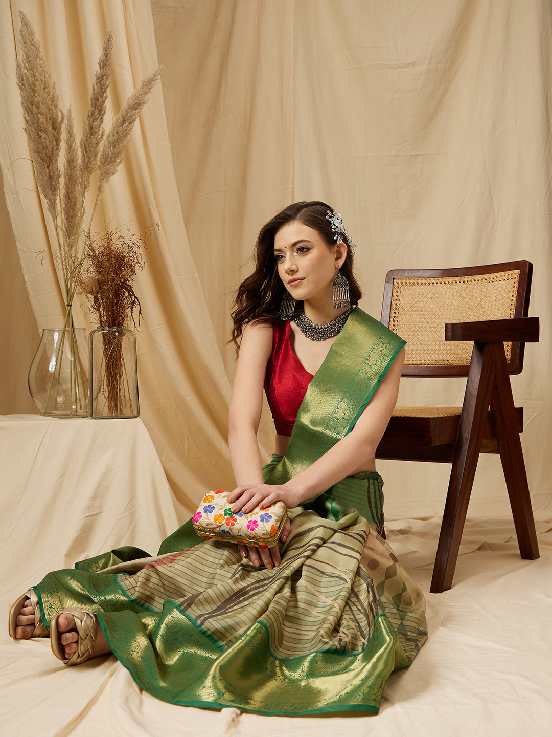 Tusser Soft Silk Digital Print Zari Woven Saree