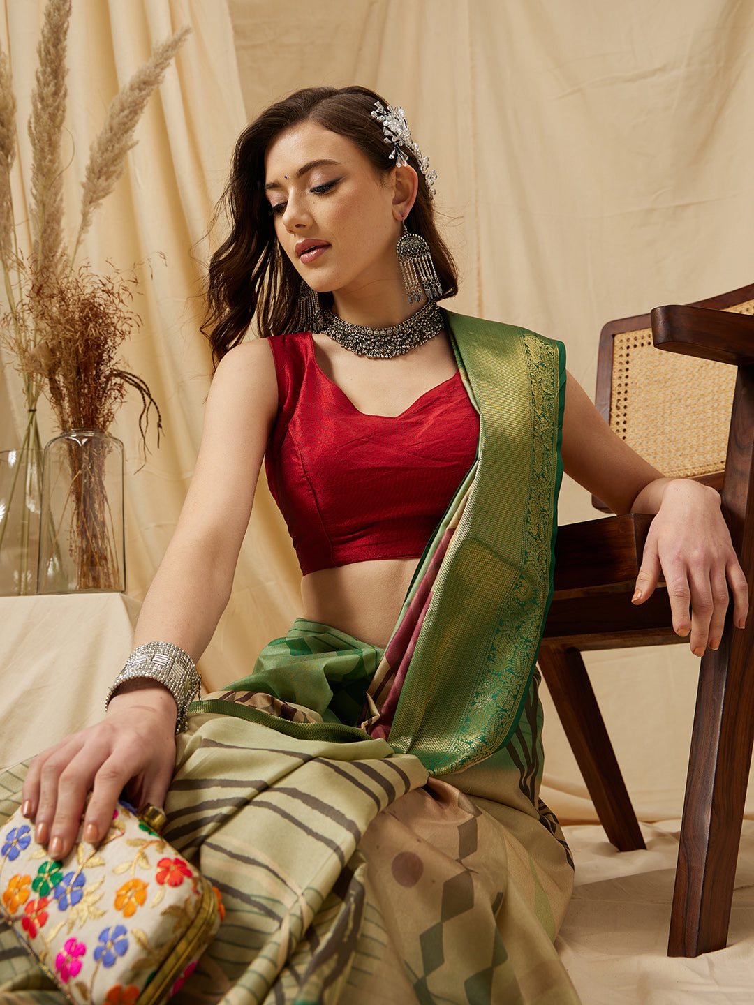 Tusser Soft Silk Digital Print Zari Woven Saree