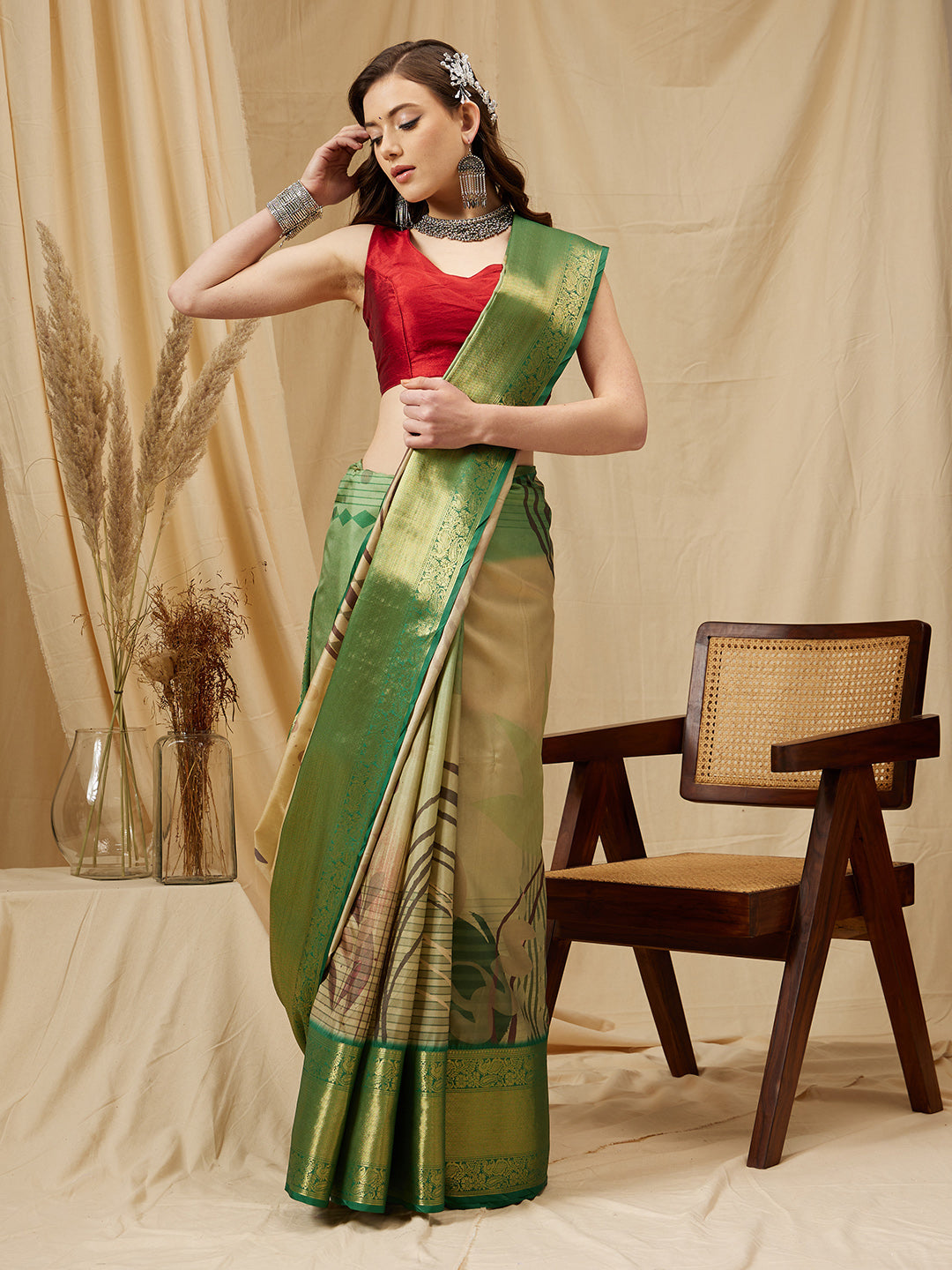 Tusser Soft Silk Digital Print Zari Woven Saree