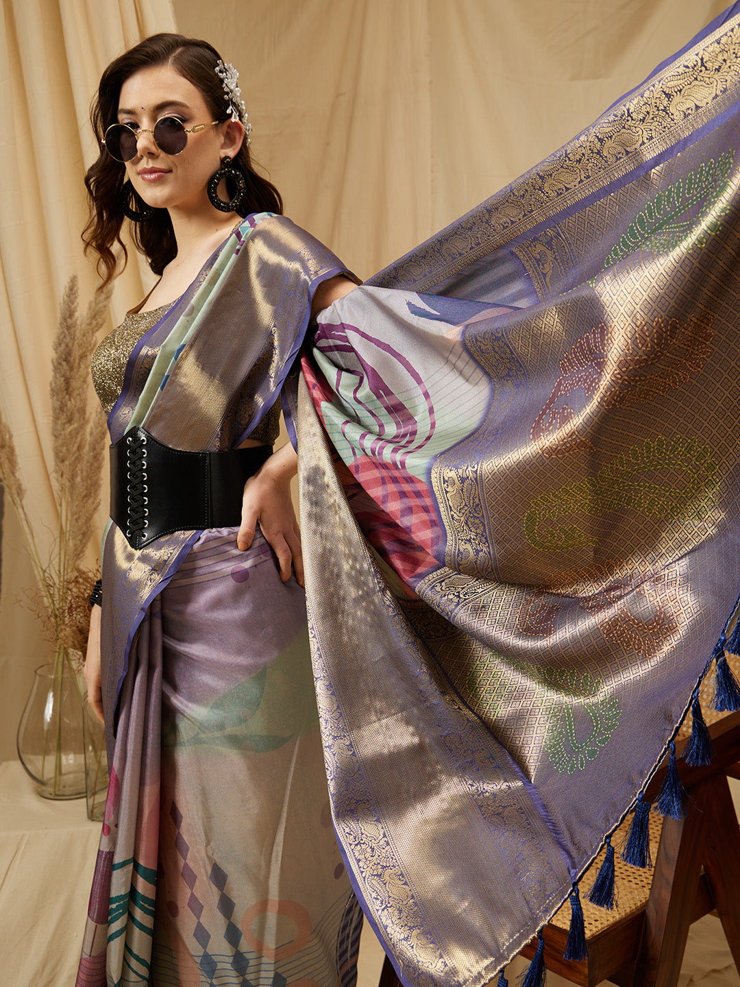 Tusser Soft Silk Digital Print Zari Woven Saree