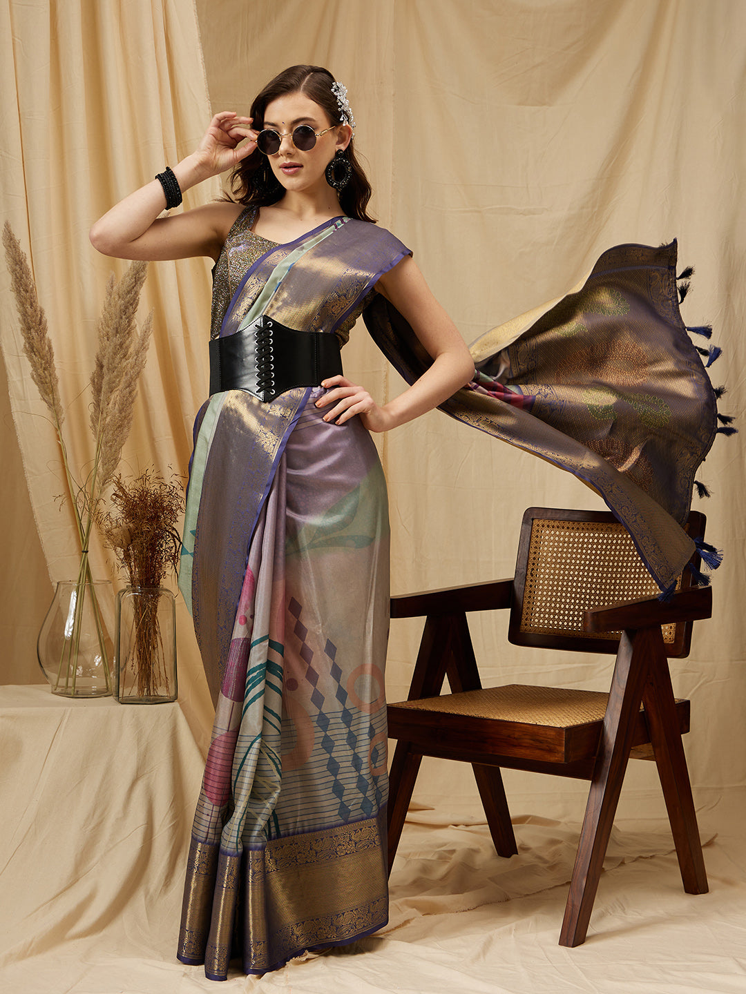 Tusser Soft Silk Digital Print Zari Woven Saree