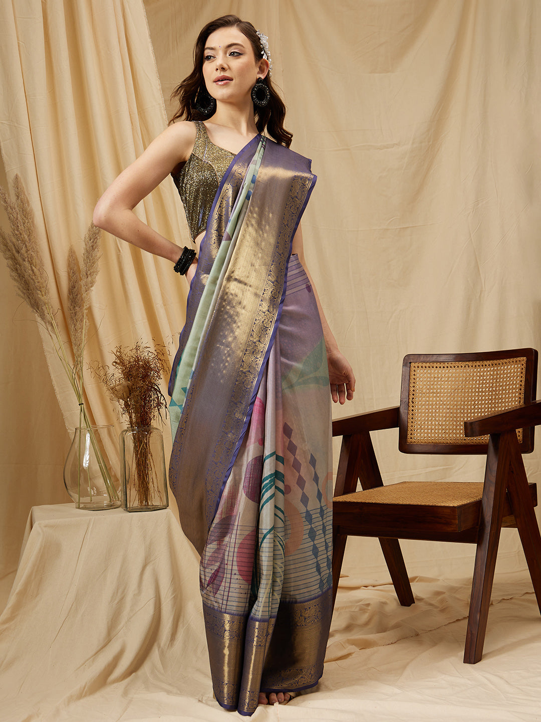 Tusser Soft Silk Digital Print Zari Woven Saree