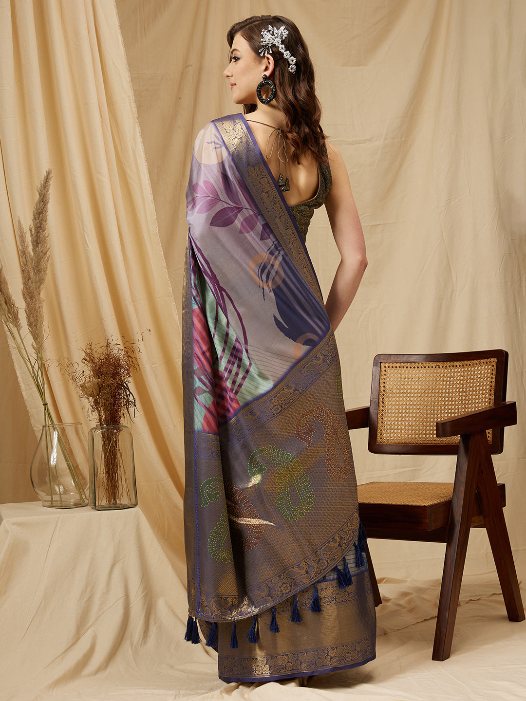 Tusser Soft Silk Digital Print Zari Woven Saree
