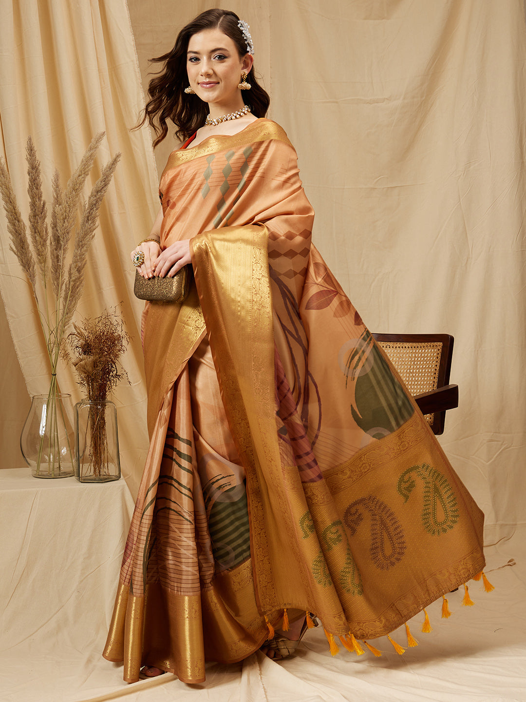 Tusser Soft Silk Digital Print Zari Woven Saree
