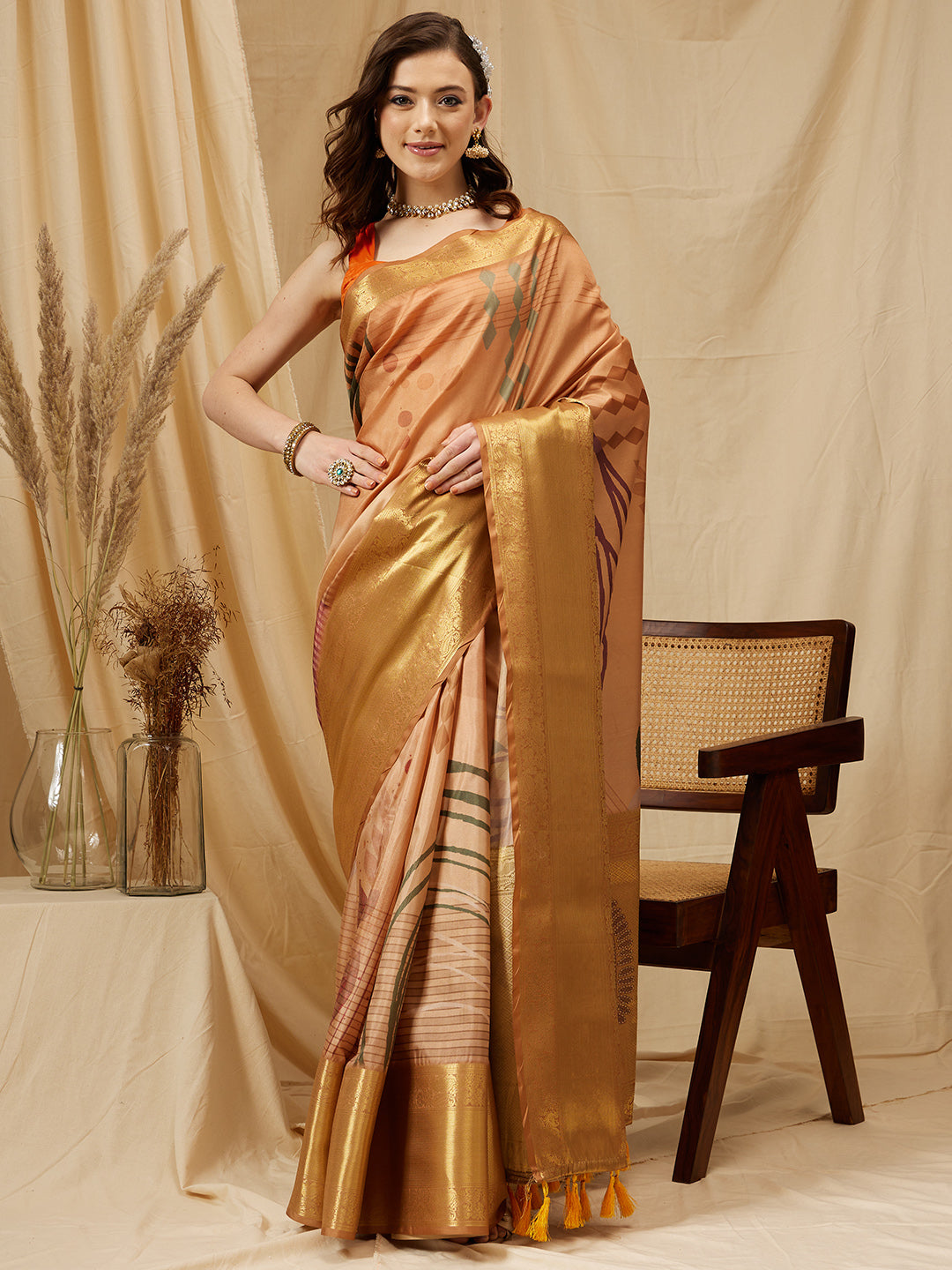 Tusser Soft Silk Digital Print Zari Woven Saree