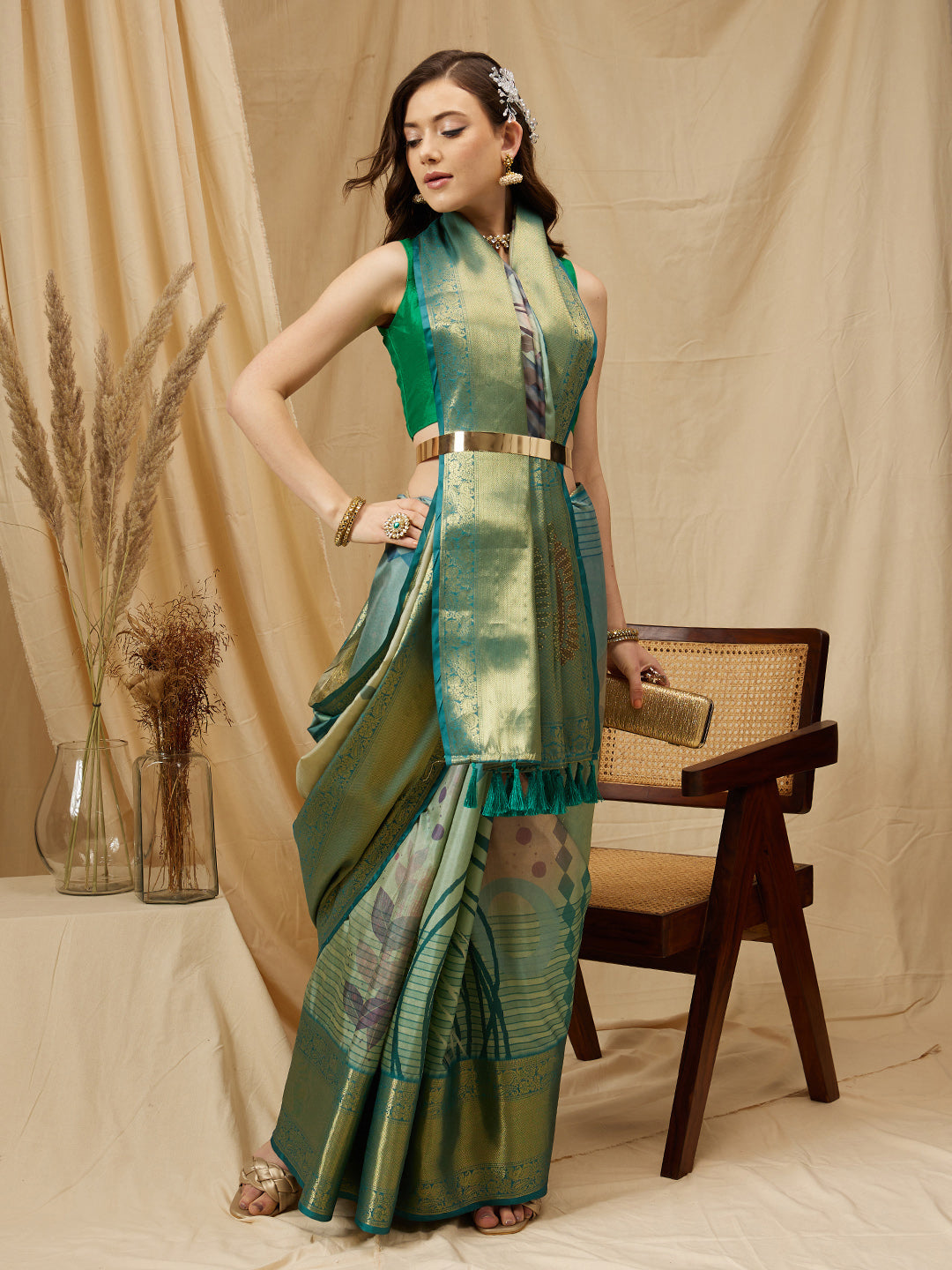 Tusser Soft Silk Digital Print Zari Woven Saree
