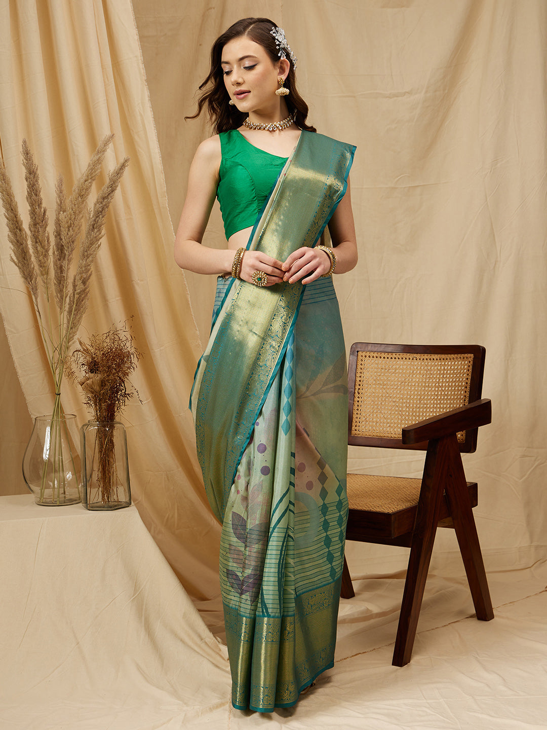 Tusser Soft Silk Digital Print Zari Woven Saree