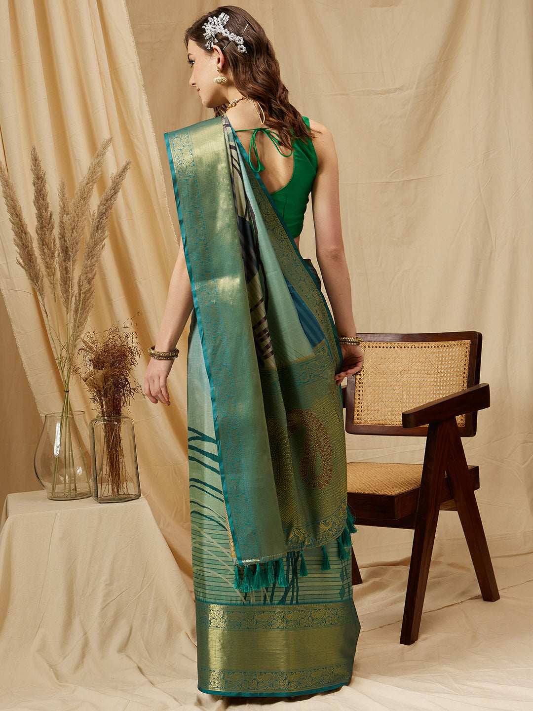 Tusser Soft Silk Digital Print Zari Woven Saree