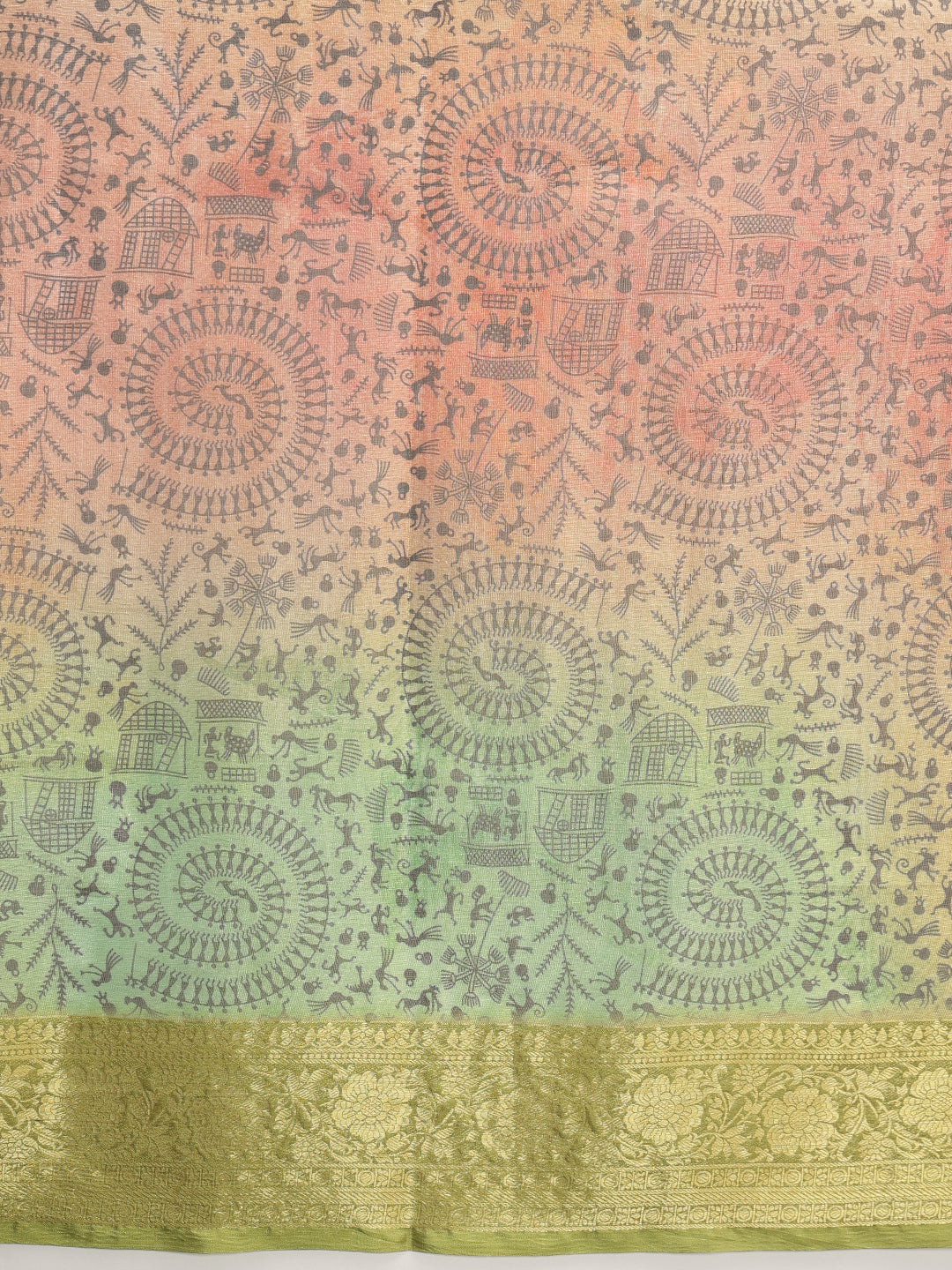 Warli Printed Crush Tissue Silk Saree With Small Border & Unstitched Blouse Piece