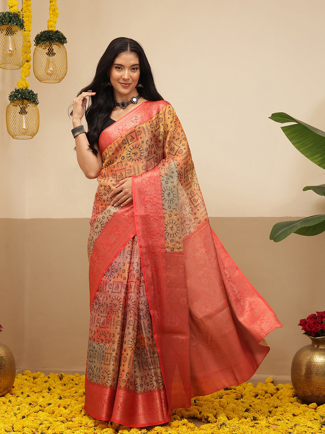 Warli Printed Crush Tissue Silk Saree With Small Border & Unstitched Blouse Piece