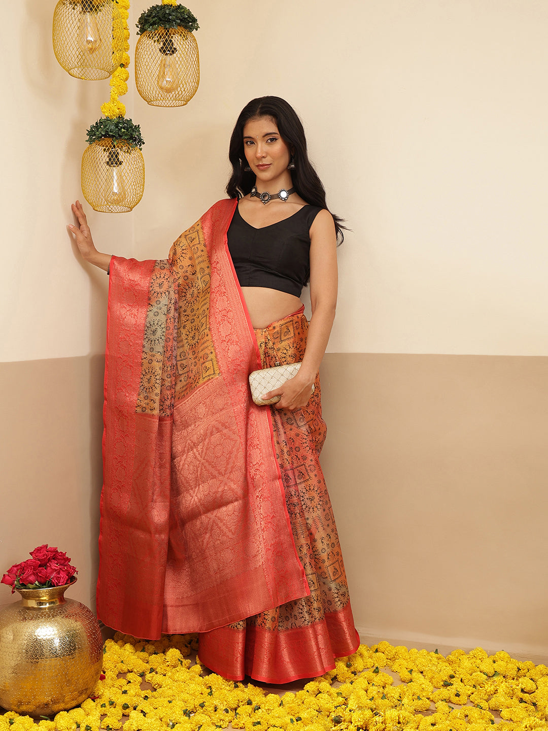 Warli Printed Crush Tissue Silk Saree With Small Border & Unstitched Blouse Piece