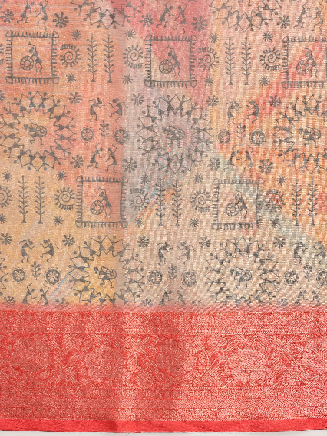 Warli Printed Crush Tissue Silk Saree With Small Border & Unstitched Blouse Piece