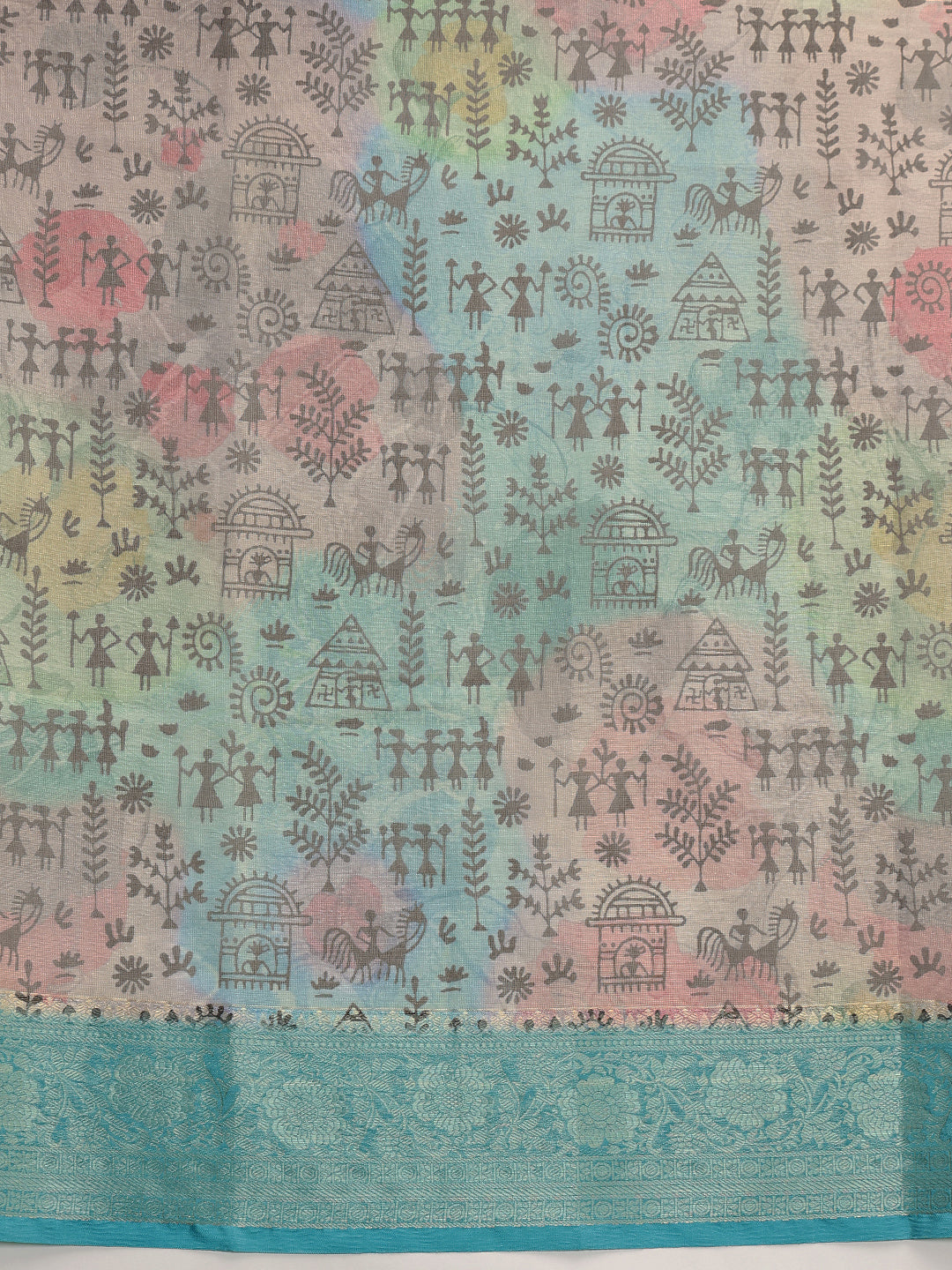 Warli Printed Crush Tissue Silk Saree With Small Border & Unstitched Blouse Piece